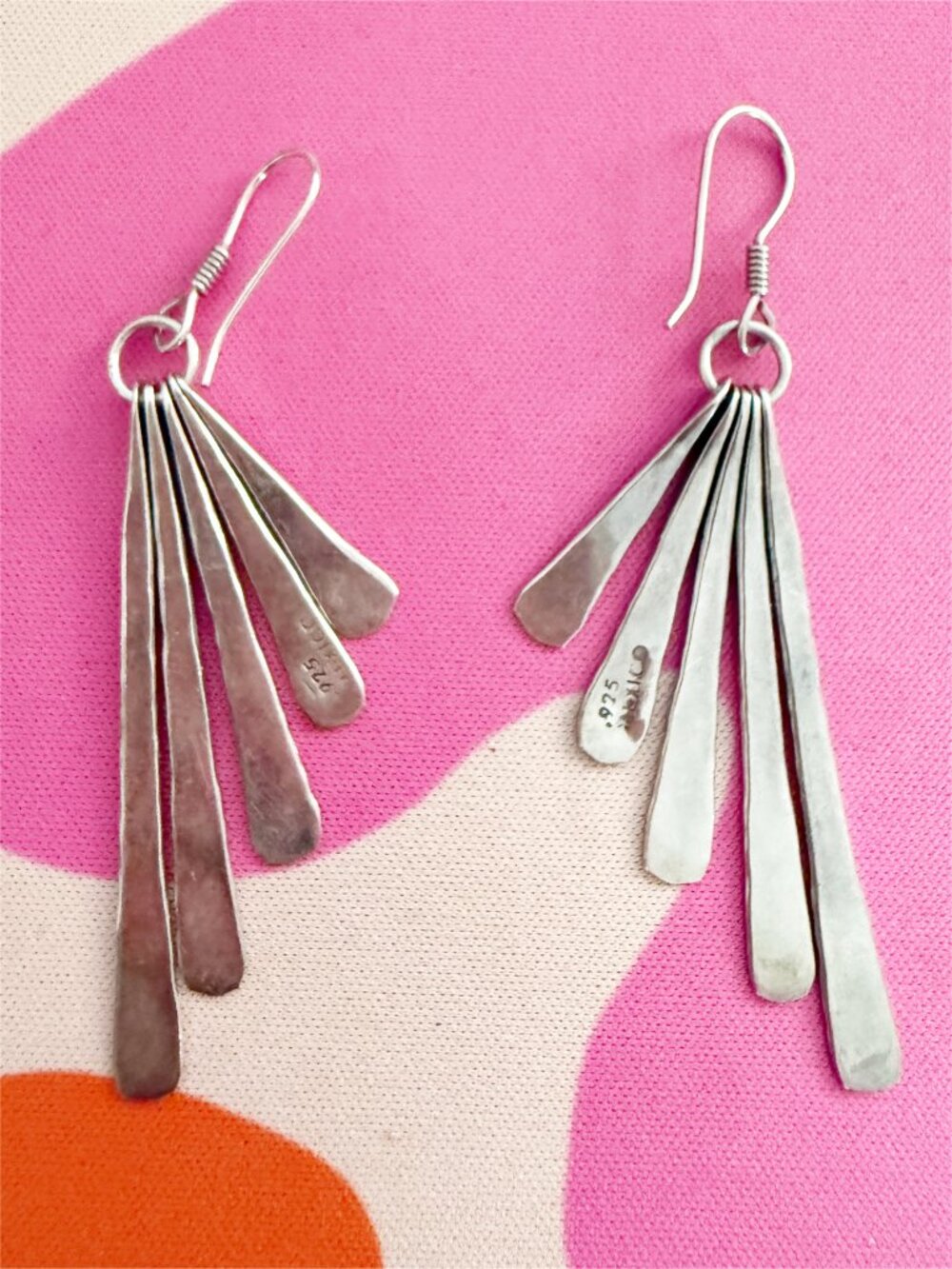 Sterling Silver 925 Mexico Hammered Dangle Drop Earrings - Picture 5 of 6